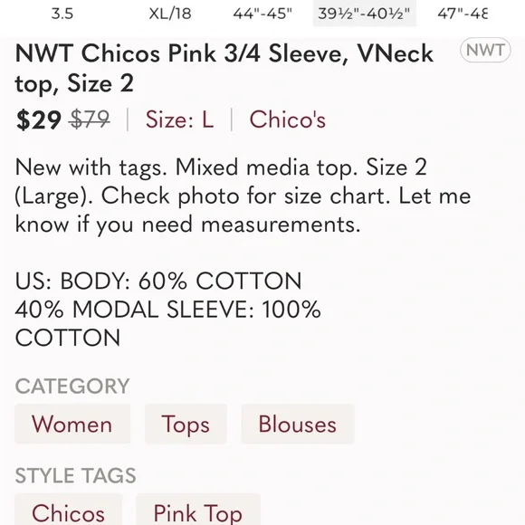 NWT Chico’s Pink V-Neck 3/4 Sleeve Fall Top, M, 8 - Picture 9 of 11
